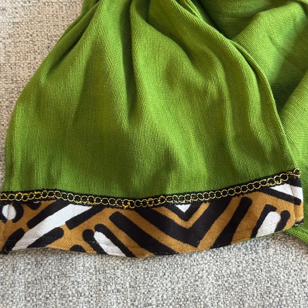 Green Cotton Scarf with Tribal Print Trim Lightweight Accessory 35